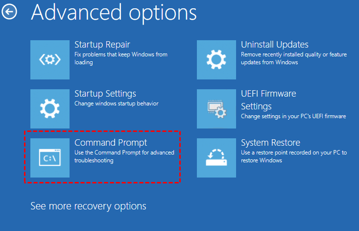 Choose Advanced options to access further repair options.
Select Command Prompt to open a command prompt window.
