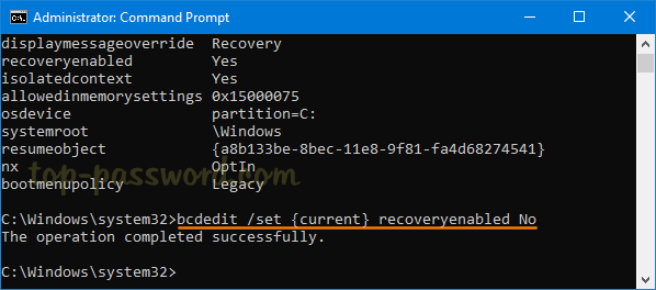 Click on Command Prompt and type bcdedit /set {default} recoveryenabled No.
Press Enter to disable automatic startup repair.