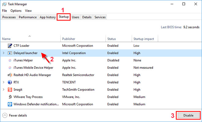 Disable all startup items by right-clicking on each one and selecting Disable.
Close the Task Manager and click on OK in the System Configuration utility.