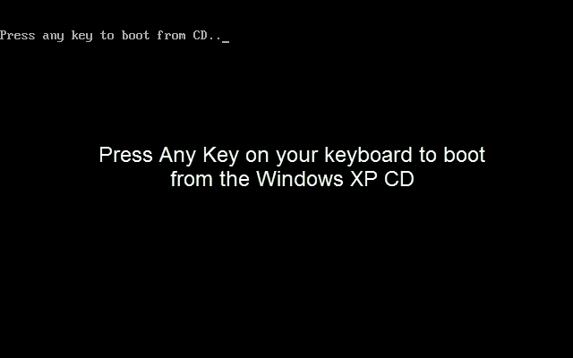 Restart your computer and press any key when prompted to boot from the CD/DVD.
Follow the on-screen instructions to initiate the Windows XP installation.