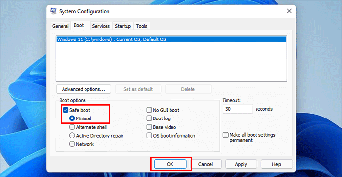 Select the "Boot" tab and check the "Safe boot" option.
Click "Apply" and then "OK" to save the changes.
