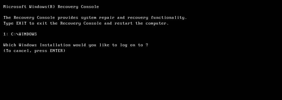 Start your computer using a Windows XP installation CD or a Windows XP bootable USB drive.
Press "R" to enter the Recovery Console.