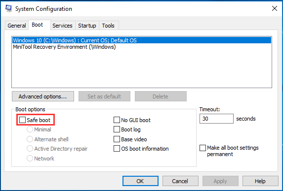 Under the Boot options section, uncheck the box next to Safe boot.
Click OK to save the changes.